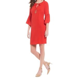 Trina Turk Baroque Ruffle Bell 3/4 Sleeve Tassel Neck Tie Dress S Lacquer red